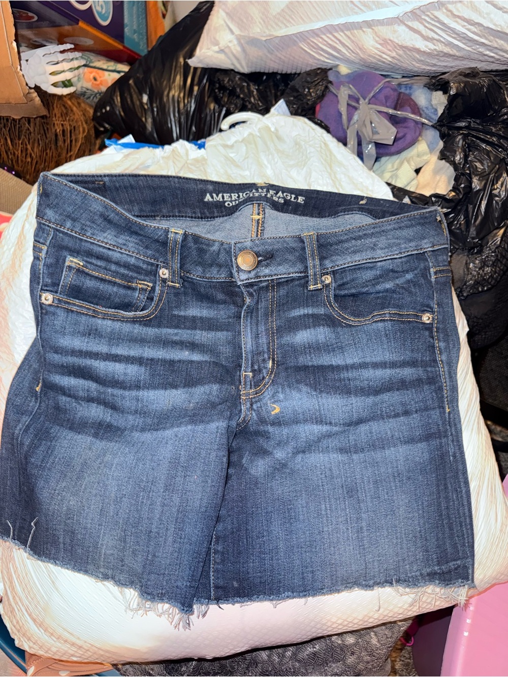 American Eagle Outfitters Dark Blue Frayed Hem Denim Shorts